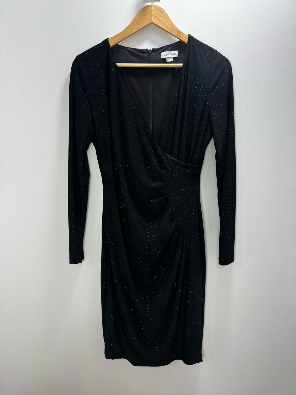 Calvin Klein Black Long-Sleeve Glitter Wrap Dress size M